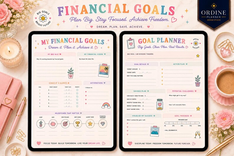 May include: Two digital tablet screens displaying a financial goal planner with a light cream background. The left screen features sections for My Financial Goals, Goals at a Glance, and Milestones. The right screen shows a Goal Planner with sections for savings plans, potential challenges, and progress bars, decorated with colorful icons.