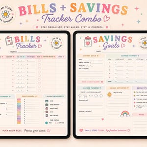 May include: A digital bills and savings tracker combo displayed on two screens. The left screen features a bills tracker with columns for expenses, dates, and amounts. The right screen shows a savings goals tracker with progress sections and tips.