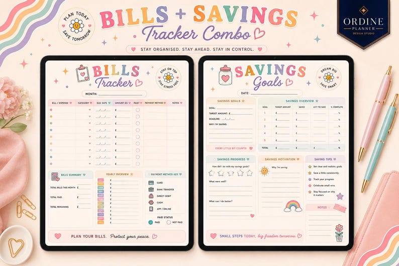 May include: A digital bills and savings tracker combo displayed on two screens. The left screen features a bills tracker with columns for expenses, dates, and amounts. The right screen shows a savings goals tracker with progress sections and tips.