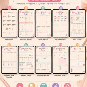 May include: A digital financial planner display featuring ten hyperlinked pages including a dashboard, monthly budget, bills tracker, savings goals, debt payoff, subscription tracker, sinking funds, monthly review, financial goals, and notes.