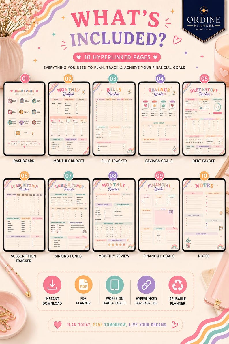 May include: A digital financial planner display featuring ten hyperlinked pages including a dashboard, monthly budget, bills tracker, savings goals, debt payoff, subscription tracker, sinking funds, monthly review, financial goals, and notes.