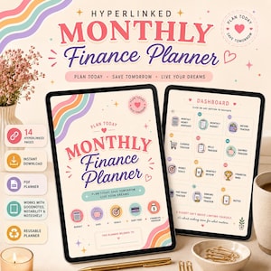 May include: A digital monthly finance planner displayed on two tablets, featuring a cream background with pastel rainbow accents, pink and purple text, and icons for budget, savings, goals, and debt tracking, including a dashboard page.