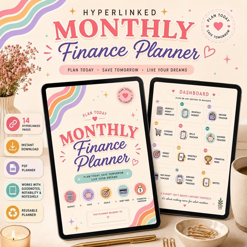 May include: A digital monthly finance planner displayed on two tablets, featuring a cream background with pastel rainbow accents, pink and purple text, and icons for budget, savings, goals, and debt tracking, including a dashboard page.