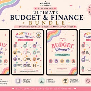 May include: A digital bundle featuring two hyperlinked planners titled Ultimate Budget & Finance Bundle. The cream-colored pages display pastel rainbow accents, star icons, and heart motifs. Each planner includes a dashboard with numbered icons for tracking expenses, savings, and financial goals, alongside text labels like Monthly Finance Planner and Budget Planner.