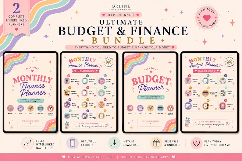 May include: A digital bundle featuring two hyperlinked planners titled Ultimate Budget & Finance Bundle. The cream-colored pages display pastel rainbow accents, star icons, and heart motifs. Each planner includes a dashboard with numbered icons for tracking expenses, savings, and financial goals, alongside text labels like Monthly Finance Planner and Budget Planner.
