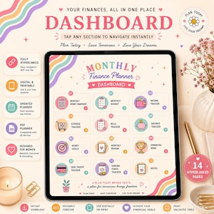 May include: A digital monthly finance planner dashboard displayed on a tablet screen. The interface features twelve numbered sections including money snapshot, budget, income, expense, bills, savings, goals, review, wins, debt, and notes with icons.