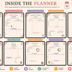 May include: A digital planner layout featuring ten distinct pages labeled 11 through 20, including financial wins, debt payoff, sinking funds, monthly review, notes, money goals, bills, expense, income, and savings trackers with pastel accents.