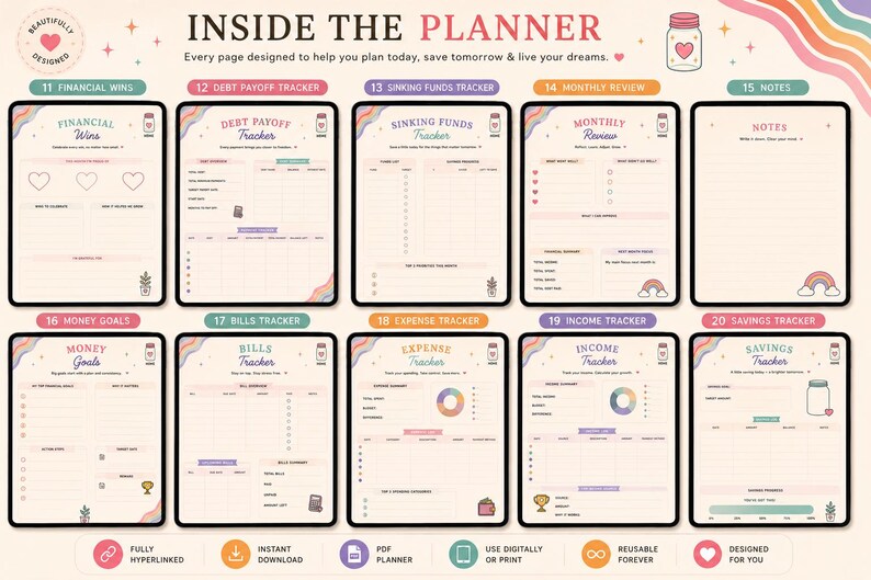 May include: A digital planner layout featuring ten distinct pages labeled 11 through 20, including financial wins, debt payoff, sinking funds, monthly review, notes, money goals, bills, expense, income, and savings trackers with pastel accents.