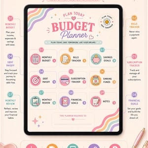 May include: A digital budget planner displayed on a tablet screen featuring a dashboard with sections for monthly budget, bills tracker, savings goals, debt payoff, subscription tracker, sinking funds, monthly review, financial goals, and notes.