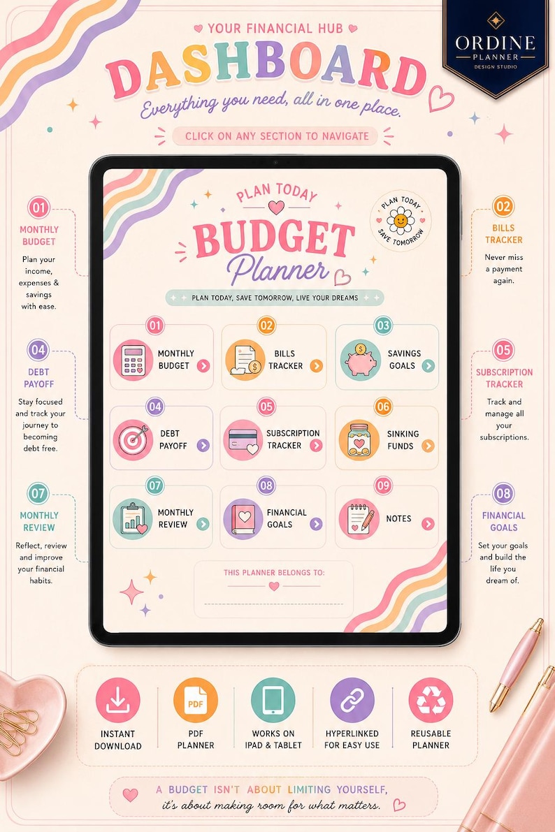 May include: A digital budget planner displayed on a tablet screen featuring a dashboard with sections for monthly budget, bills tracker, savings goals, debt payoff, subscription tracker, sinking funds, monthly review, financial goals, and notes.