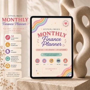 May include: A digital tablet displaying a Monthly Finance Planner with a cream background, pastel rainbow accents, and icons for budget, savings, goals, debt, and financial freedom. The screen features text including Plan Today, Save Tomorrow, Live Your Dreams.