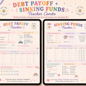 May include: A digital Debt Payoff and Sinking Funds tracker combo displayed on two tablets. The pages feature pastel colors, floral icons, and sections for debt summary, payoff strategies, sinking fund goals, and monthly contribution plans.
