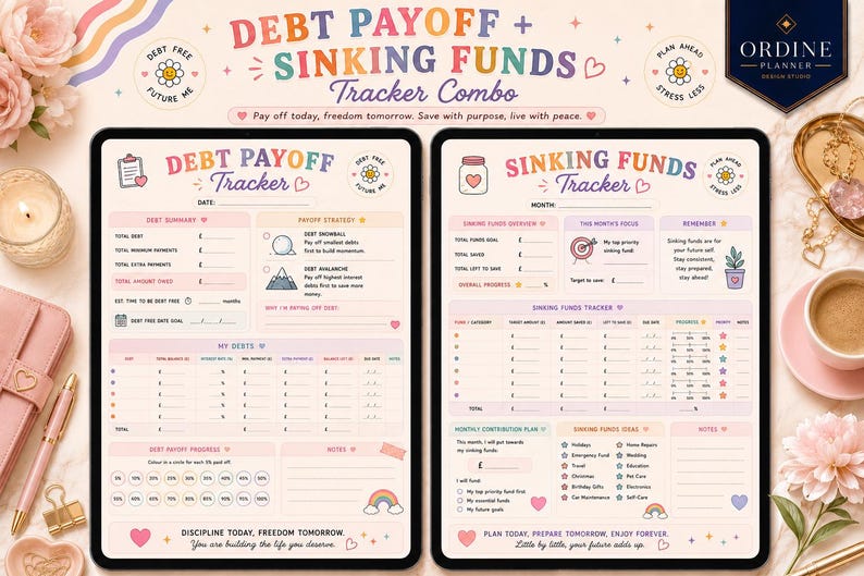 May include: A digital Debt Payoff and Sinking Funds tracker combo displayed on two tablets. The pages feature pastel colors, floral icons, and sections for debt summary, payoff strategies, sinking fund goals, and monthly contribution plans.