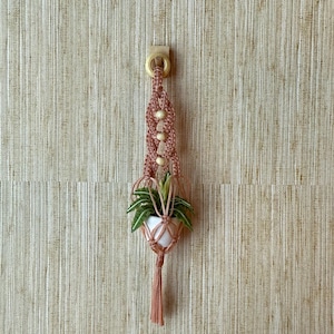 May include: A handmade macrame plant hanger in a dusty rose color, holding a small white pot with a green plant. The hanger features wooden beads and a tassel. The plant hanger is suspended from a wooden hook.