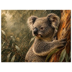 Impresión giclée de koala con calidad de museo / Arte de la fauna australiana / Galería de coleccionistas numismáticos / Hábitat de eucalipto hiperdetallado