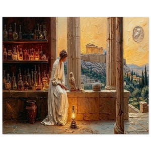 Puede incluir: Pintura al óleo de una mujer con una túnica blanca sentada en un borde de piedra, mirando el Partenón. A la izquierda, una estantería con botellas de vidrio. Una estatua de un búho y una lámpara encendida están en el borde. El cielo es amarillo cálido.