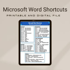 May include: A digital file displaying Microsoft Word shortcuts. The image shows a tablet with a blue and white chart detailing keyboard shortcuts for general functions, navigation, text formatting, and editing. The title "Microsoft Word Shortcuts" is at the top.