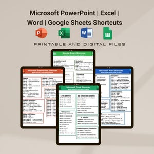 May include: Several digital tablets showcasing Microsoft PowerPoint, Excel, Word, and Google Sheets shortcuts. The tablets are arranged to display the text "PRINTABLE AND DIGITAL FILES". The image includes the logos for each software.