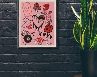 Póster enrollado con collage de corazones "El bueno y el malo" / tatuaje rosa, rosa, dados y cartas