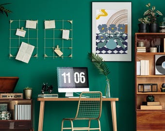 Póster enrollado de jarrón floral abstracto / Arte botánico moderno, patrón geométrico