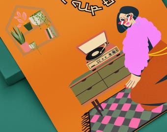 Print retro platenspeler: moderne boho-kunst uit het midden van de eeuw