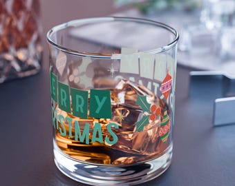 Vaso de whisky navideño retro / Adornos de mediados de siglo, diseño de acebo
