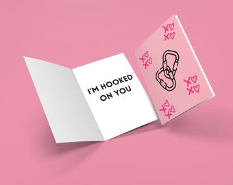 Enganchado a ti / Tarjeta con mosquetón rosa / San Valentín LGBTQ+ / Tarjeta de amor queer