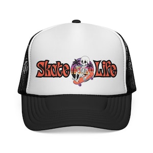 Skate Trucker Hat - Skeleton Skateboard Beer Graphic, Retro Palm Trees, Adjustable Snapback - FREE US SHIPPING
