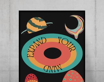 Póster "Expande tu mente" / Arte espacial psicodélico con hongos, colores retro