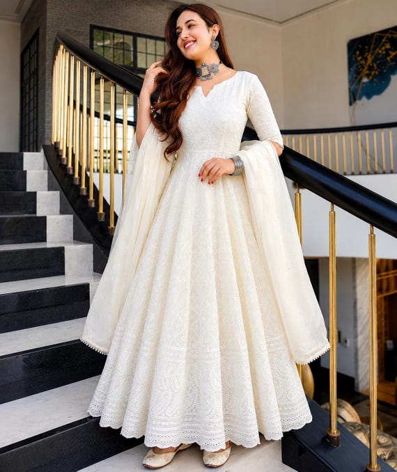 White Chikankari Anarkali Suit Set for Women with Dupatta | Embroidered Lucknowi Cotton Ethnic Dress