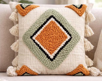 Handmade Tufted Boho Pillow Cover, Embroidered Cotton Cushion, 18x18 inches