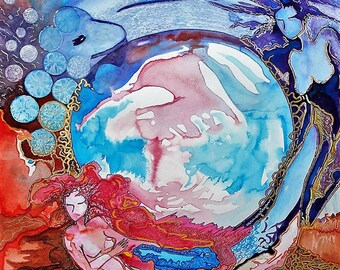 Free shipping art.Fantasy art.Art for women.Healing art.Womanhood art.Between two worlds.Naive art.figurative art.Women art.Watercolorsart.