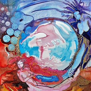 Free shipping art.Fantasy art.Art for women.Healing art.Womanhood art.Between two worlds.Naive art.figurative art.Women art.Watercolorsart.