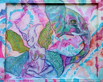 Lilith and the elephant.Soul art.Feminine art.Womanhood art.Healing art.Lilith.Divine feminine art.Nature art.Elephant image.Paper mosaic