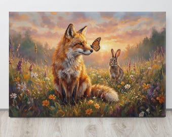 Fox & Rabbit “When Butterfly Came By” – Woodland Storybook Wall Art Print – Gallery Canvas or Poster Print