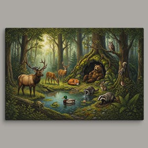 Large woodland gallery canvas wall art featuring a peaceful forest clearing where a bear rests outside its den beside a pond shared by elk, deer, fox, raccoons, badger, rabbit, turtle, duck, owl and squirrel. Oversized wildlife canvas available in 30x40 and 32x48 inches.