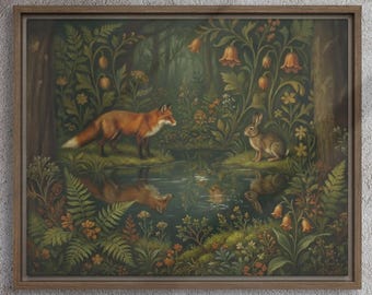 Art Nouveau Rabbit & Fox The Accord Wall Art – Framed Canvas or Poster Print, Cottagecore Woodland Decor