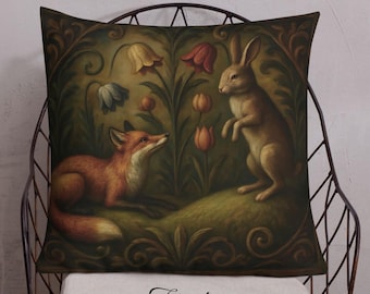 Art Nouveau Rabbit & Fox The Standoff Botanical Premium Throw Pillow or Cover - Dual-Sided Nature Home Decor