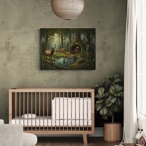 Large 30 x 40 woodland gallery canvas decorating a cozy nursery above a wooden crib. Warm sunlight fills the forest scene where a bear, elk, deer, fox, raccoons, badger, rabbit, duck, turtle, owl and squirrel share a peaceful pond beneath tall woodland trees.