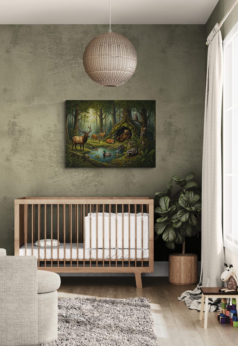 Large 30 x 40 woodland gallery canvas decorating a cozy nursery above a wooden crib. Warm sunlight fills the forest scene where a bear, elk, deer, fox, raccoons, badger, rabbit, duck, turtle, owl and squirrel share a peaceful pond beneath tall woodland trees.