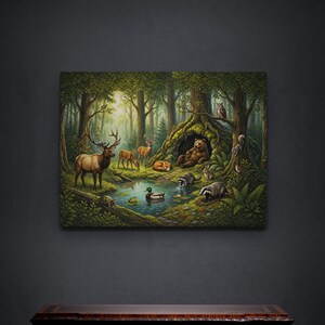 32 x 48 inches wrapped gallery canvas showcasing a tranquil woodland wildlife scene above a carved wood console table. Sunlight filters through the forest while a bear relaxes at its den and elk, deer, fox, raccoons, badger, rabbit, duck, turtle, owl and squirrel gather around a quiet pond.