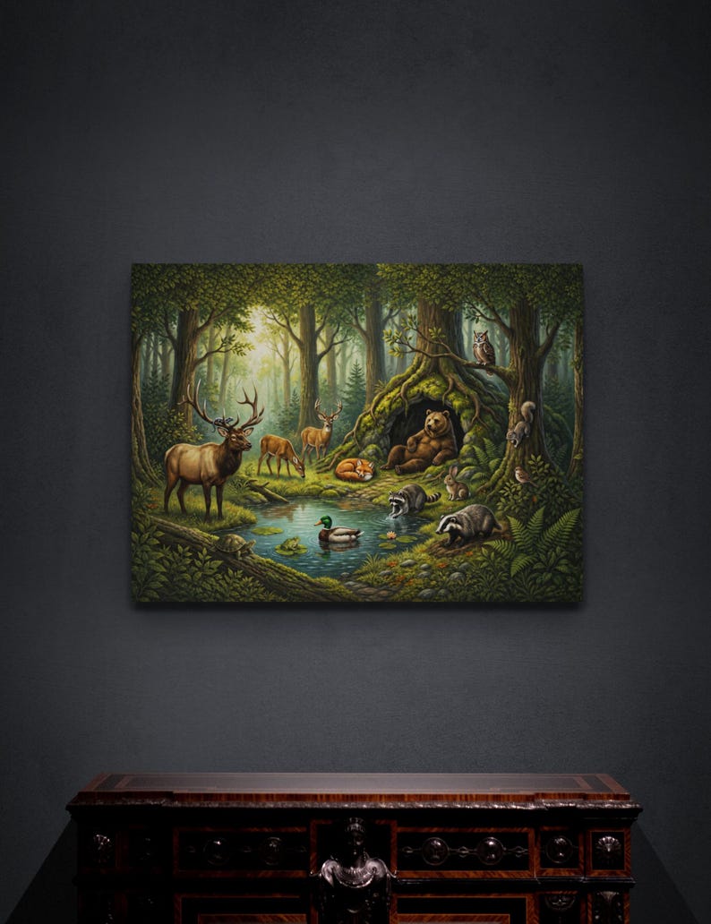 32 x 48 inches wrapped gallery canvas showcasing a tranquil woodland wildlife scene above a carved wood console table. Sunlight filters through the forest while a bear relaxes at its den and elk, deer, fox, raccoons, badger, rabbit, duck, turtle, owl and squirrel gather around a quiet pond.