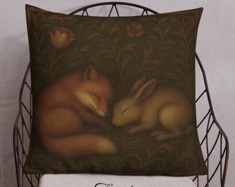 Art Nouveau Rabbit & Fox The Truce Botanical Premium Throw Pillow or Cover - Dual-Sided Nature Home Decor