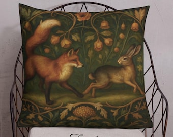 Art Nouveau Rabbit & Fox The Chase Botanical Premium Throw Pillow or Cover - Dual-Sided Nature Home Decor