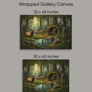 Size comparison showing the oversized wrapped gallery canvas available in 32x48 inches and 30x40 inches. The woodland wildlife artwork depicts a tranquil forest village with a bear, elk, deer, fox, raccoons, badger, rabbit, duck, turtle, owl and squirrel gathered around a woodland pond.