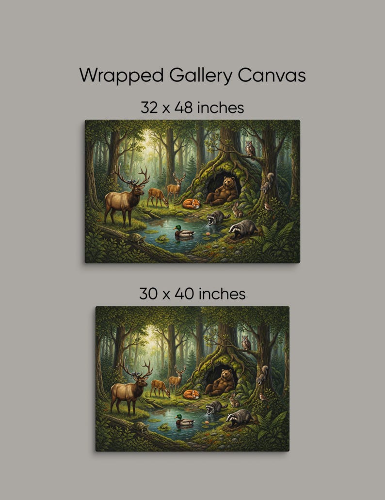 Size comparison showing the oversized wrapped gallery canvas available in 32x48 inches and 30x40 inches. The woodland wildlife artwork depicts a tranquil forest village with a bear, elk, deer, fox, raccoons, badger, rabbit, duck, turtle, owl and squirrel gathered around a woodland pond.