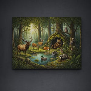 Close-up view of the oversized 30 x 40 inches woodland gallery canvas highlighting the rich forest details, moss-covered bear den, peaceful pond, elk, deer, fox, raccoons, badger, rabbit, duck, turtle, owl and squirrel in a tranquil woodland setting.