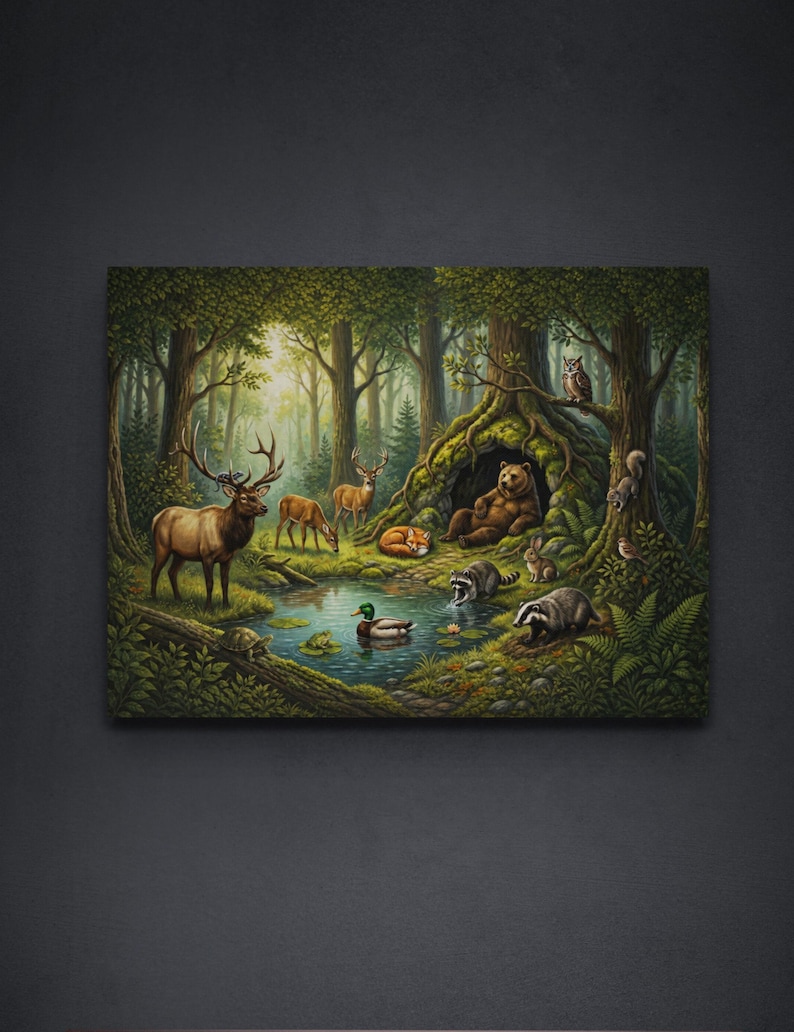 Close-up view of the oversized 30 x 40 inches woodland gallery canvas highlighting the rich forest details, moss-covered bear den, peaceful pond, elk, deer, fox, raccoons, badger, rabbit, duck, turtle, owl and squirrel in a tranquil woodland setting.