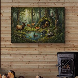 Large 32 x 48 inches woodland gallery canvas displayed on a natural wood plank wall beside a wood-burning stove and stacked firewood. The artwork depicts a peaceful forest village with a resting bear, elk, deer, fox, raccoons, badger, rabbit, duck, turtle, owl and squirrel gathered around a woodland pond.