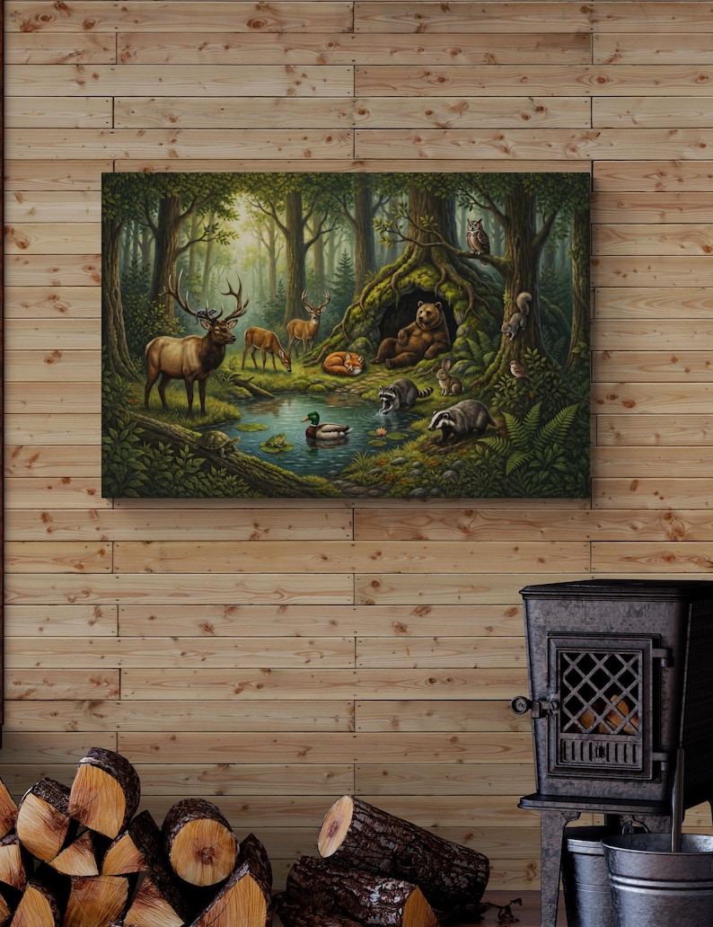 Large 32 x 48 inches woodland gallery canvas displayed on a natural wood plank wall beside a wood-burning stove and stacked firewood. The artwork depicts a peaceful forest village with a resting bear, elk, deer, fox, raccoons, badger, rabbit, duck, turtle, owl and squirrel gathered around a woodland pond.